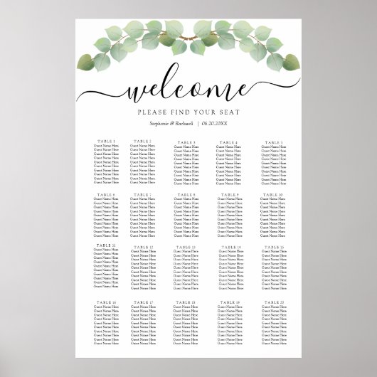 Poster Carte de siège Mariage simple Eucalyptus (Devant)