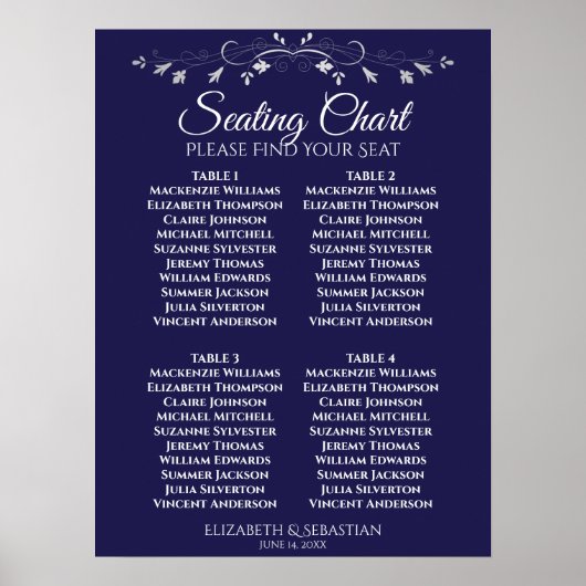 Poster Carte de siège Mariage simple Marine Blue 4 Table (Devant)