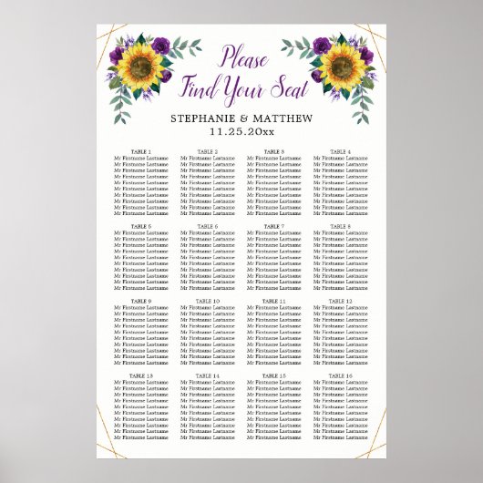 Poster Carte de siège mariage Tournesol violet géométriqu (Devant)