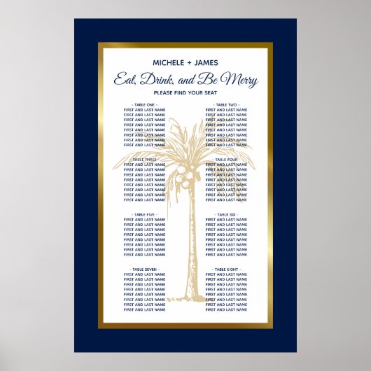 Poster Carte de siège Mariage Tropical Navy Blue Gold Pal (Devant)