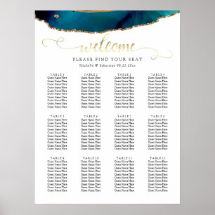 Poster Carte de siège Mariage turquoise Aquarelle Or Agat