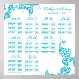 Poster Carte de siège Mariage Turquoise Paisley Peacock
