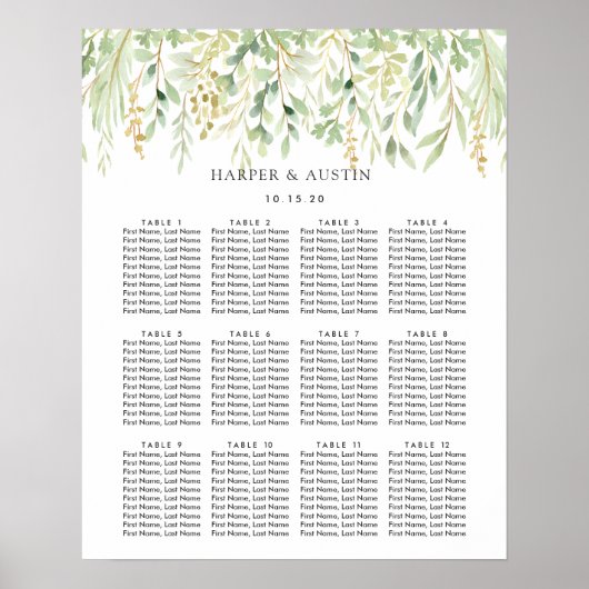 Poster Carte de siège Mariage végétal du feuillage vert (Devant)