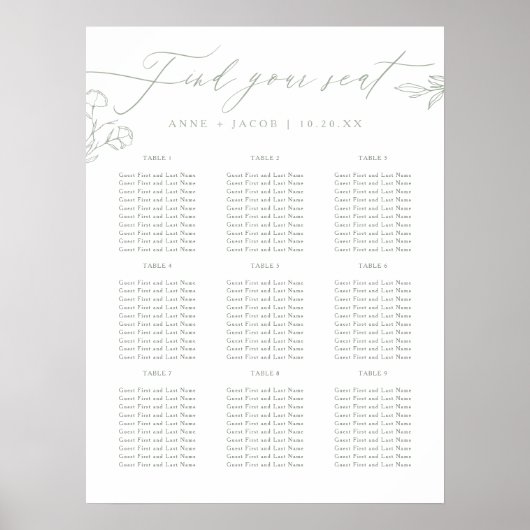 Poster Carte de siège Mariage vert Sage simple (Devant)