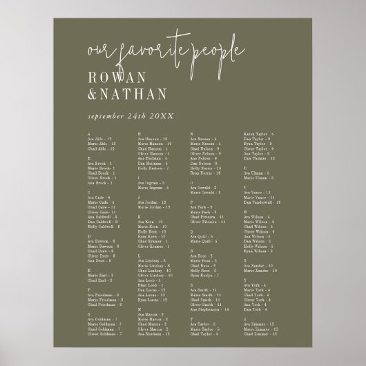 Poster Carte de siège moderne chic vert olive (Devant)