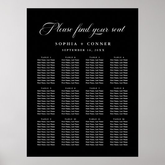 Poster Carte de siège noir élégant pour mariage délicat (Devant)