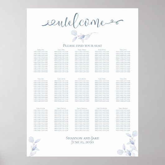 Poster Carte de siège simple de réception de mariage bleu (Devant)
