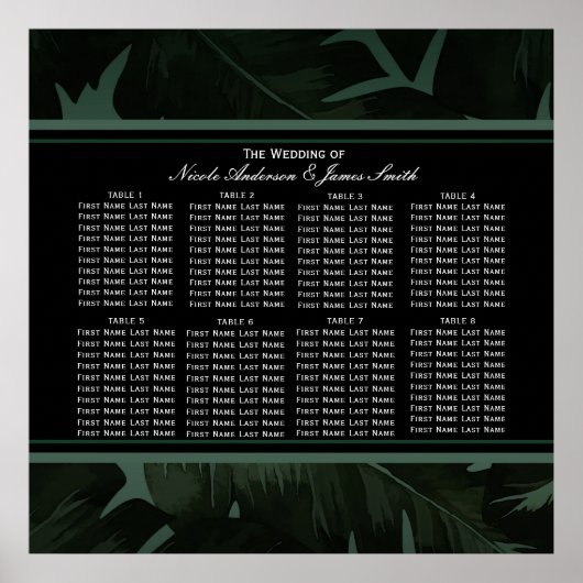 Poster Carte de sièges Feuilles Tropical Green & Black Ch (Devant)