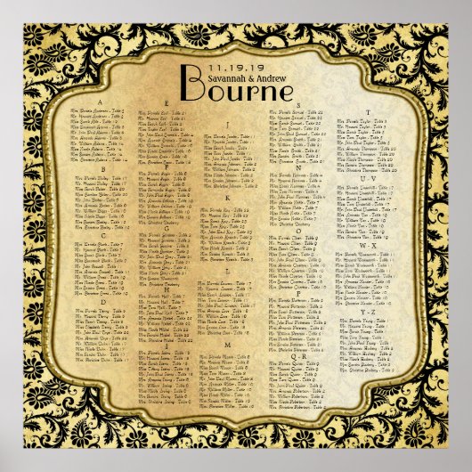 Poster Carte de sièges Mariage damassé en or et noir (Devant)