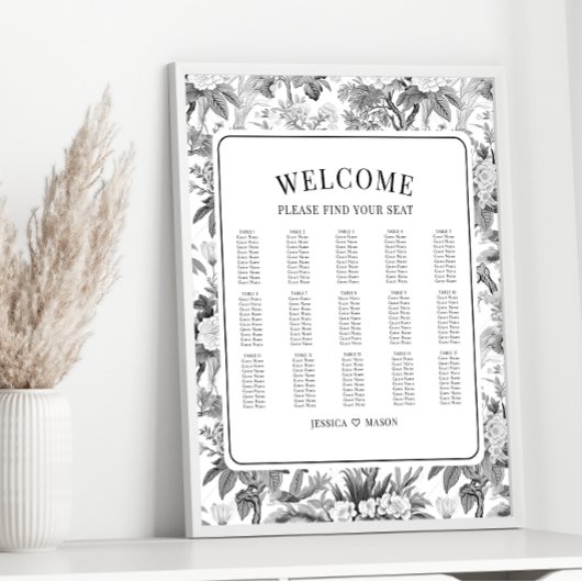 Poster Carte de sièges mariage de fleurs chinoises blanch