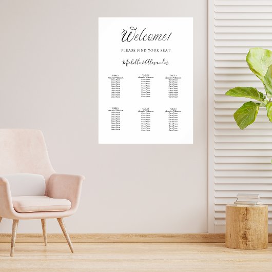 Poster Carte de sièges mariage en écriture moderne blanch