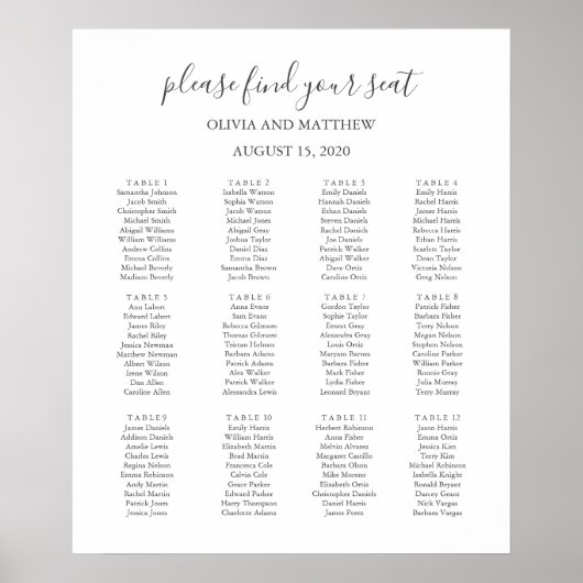 Poster Carte de sièges simple en blanc et noir mariage (Devant)