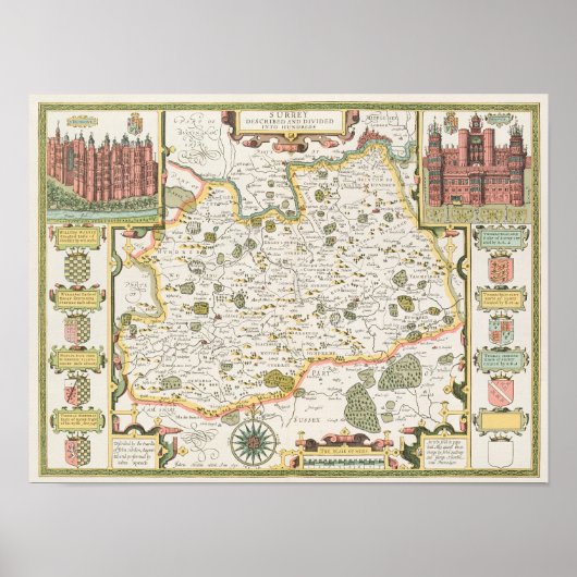 Poster Carte de Surrey, gravée par Jodocus Hondius (Devant)