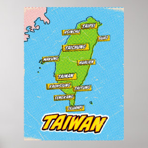 Poster Carte de Taiwan illustrée par l'art Pop