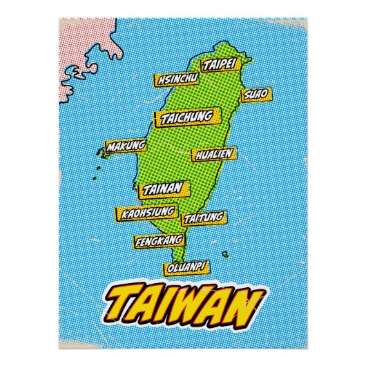 Poster Carte de Taïwan illustrée par Pop Art (Devant)
