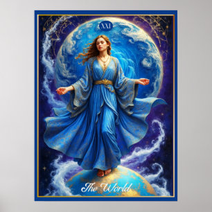 Poster Carte de Tarot, le Monde, en Bleu Profond