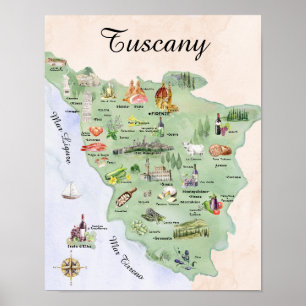 Poster Carte de Toscane aquarelle : nourriture et monumen