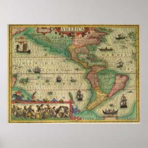 Poster Carte de Vieux Monde antique des Amériques, 1606
