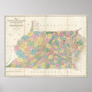 Poster Carte de Virginie, Maryland et Delaware