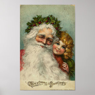 Poster Carte de voeux de Noël Père Noël et Petite Fill