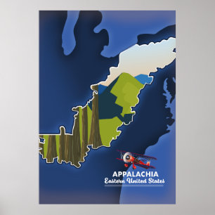 Poster carte de voyage de l'est des États-Unis Appalachia
