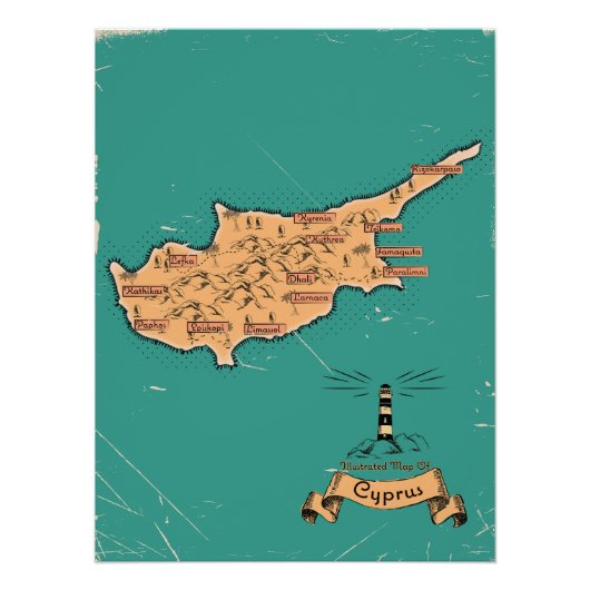 Poster Carte de voyage illustrée de Chypre (Devant)