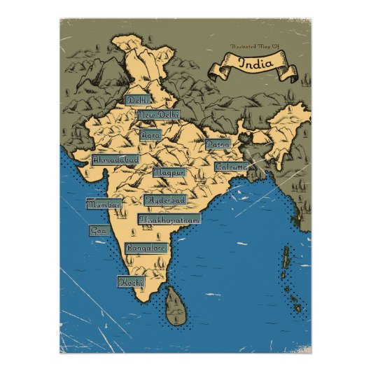 Poster Carte de voyage illustrée de l'Inde (Devant)
