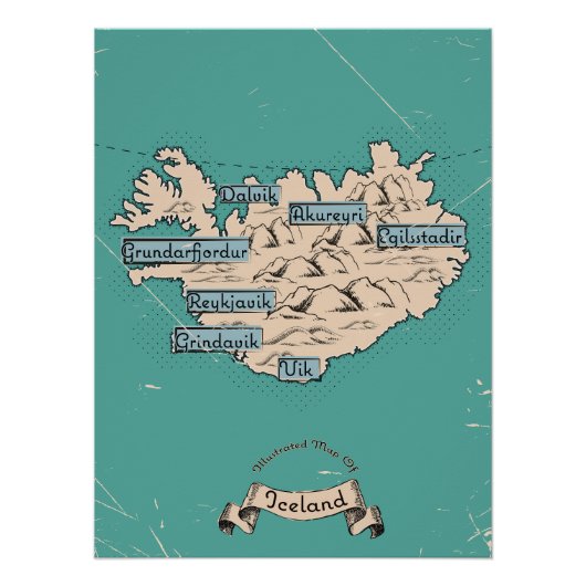 Poster Carte de voyage illustrée Islande (Devant)