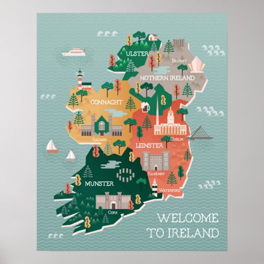 Poster Carte de voyage Irlande | Points de repère et vill (Devant)