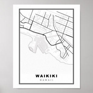 Poster Carte de Waikiki Honolulu