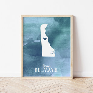 Poster Carte Delaware Bleu Aquarelle Art personnalisé
