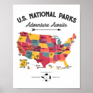 Poster Carte des 63 parcs nationaux Parcs américains Rétr