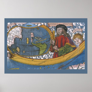 Poster Carte des Amériques avec Explorer Amerigo Vespucci