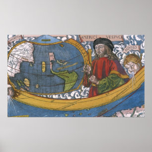 Poster Carte des Amériques avec Explorer Amerigo Vespucci
