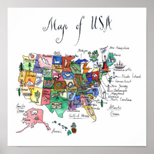 Poster Carte des attractions des États-Unis d'Amérique