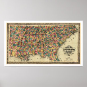 Poster Carte des chemins de fer des États du Sud 1864
