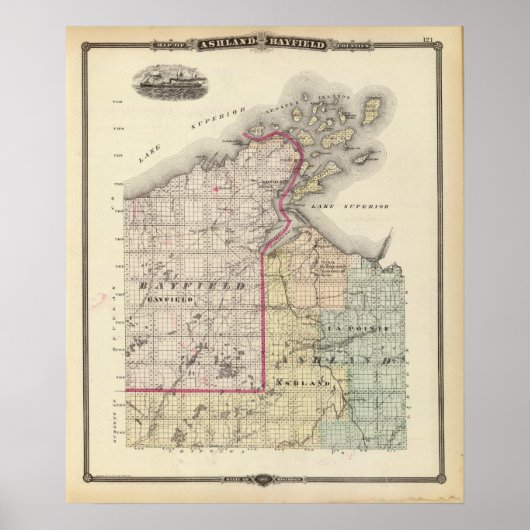 Poster Carte des comtés d'Ashland et de Bayfield (Devant)