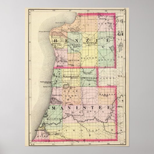 Poster Carte des comtés de Benzie et Manistee, Michigan (Devant)