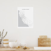 Poster Carte des comtés de Californie avec noms de comtés (Cuisine)