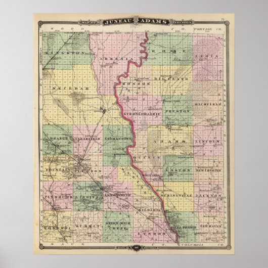 Poster Carte des comtés de Juneau et d'Adams (Devant)