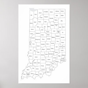 Poster Carte des comtés de l'Indiana avec contour de l'Ét