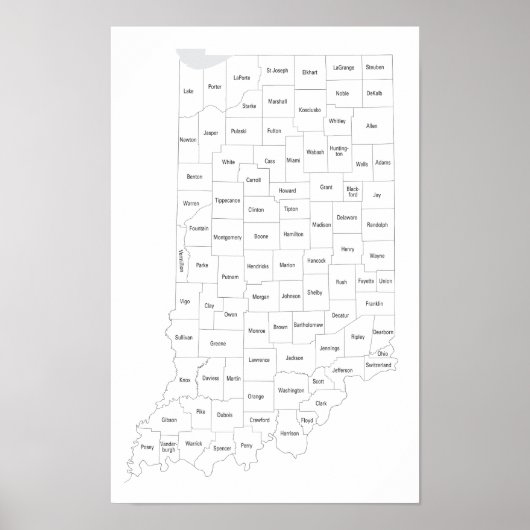 Poster Carte des comtés de l'Indiana avec contour de l'Ét (Devant)