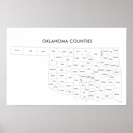 Poster Carte des comtés de l'Oklahoma avec noms de comtés (Devant)