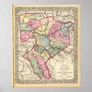 Poster Carte des comtés de Putnam, Kanawha, Boone