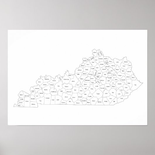 Poster Carte des comtés du Kentucky avec noms de comtés (Devant)