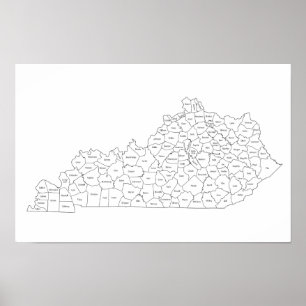 Poster Carte des comtés du Kentucky avec noms des comtés