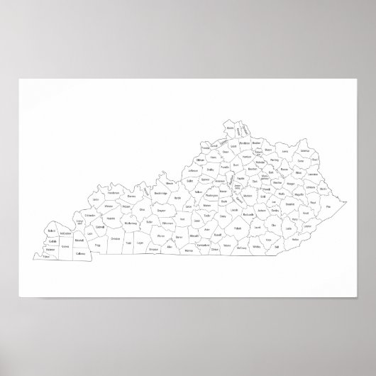 Poster Carte des comtés du Kentucky avec noms des comtés (Devant)