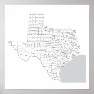 Poster Carte des comtés du Texas avec noms de comtés