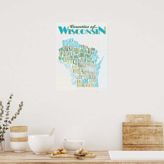 Poster Carte des comtés du Wisconsin (Cuisine)