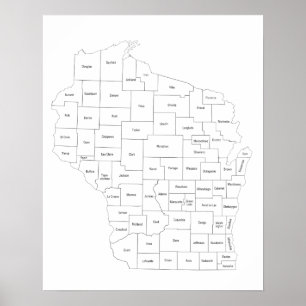 Poster Carte des comtés du Wisconsin dans l'état avec des